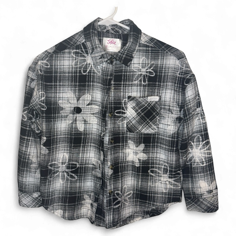 Justice Black and White Flower Plaid Button Front Shirt Girls Size M 10